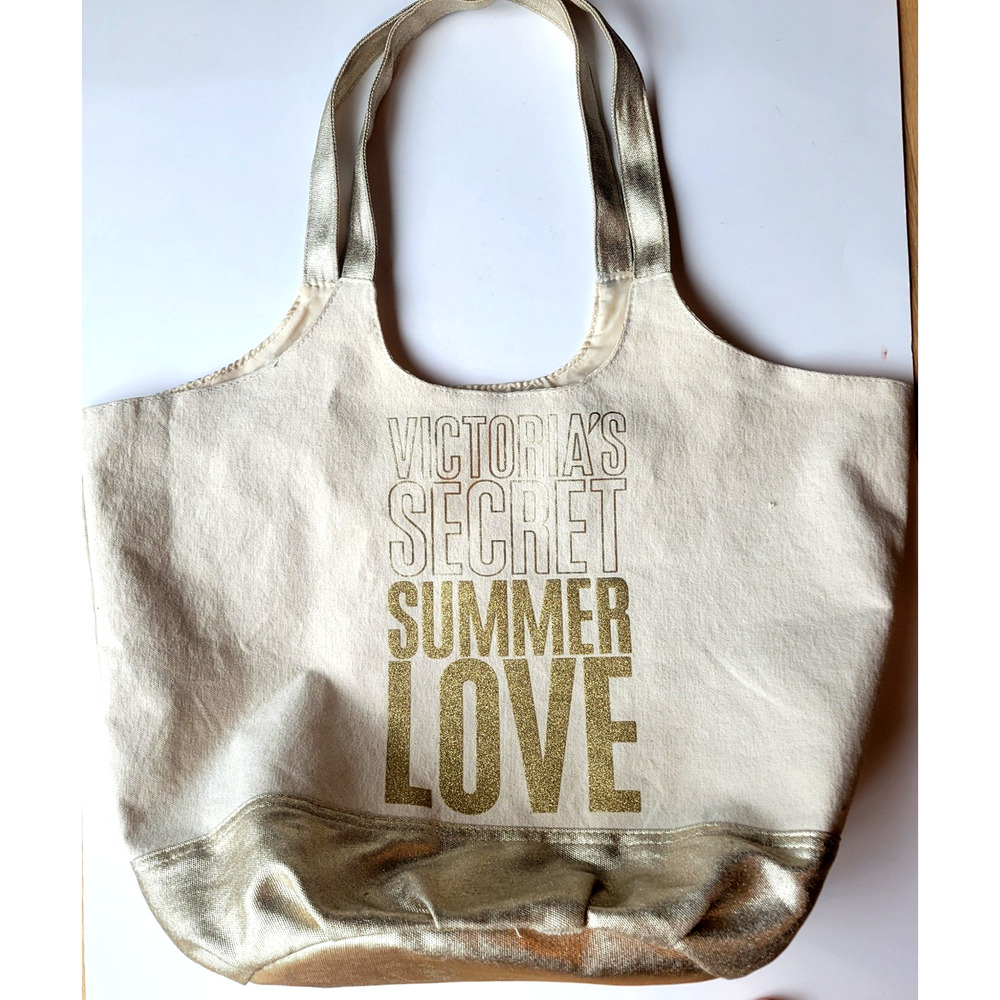 Victoria's Secret Summer Love Large Canvas Tote Bag Gold Ecru Lined Beach